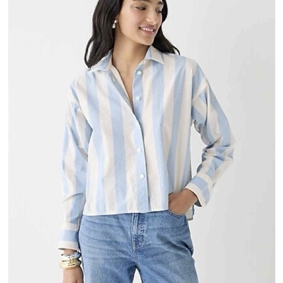 J. Crew Collection Blue Relaxed Fit Button Up Cropped Shirt In Barlow Stripe 10 - Picture 2 of 5